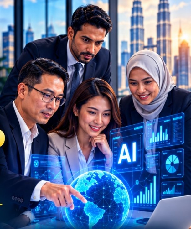 Executives exploring AI dashboards together